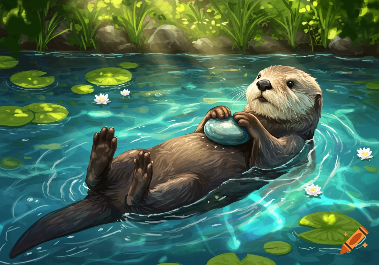 An otter floats on its back in a blue pond, holding a light blue stone on its belly, surrounded by lily pads and green foliage.