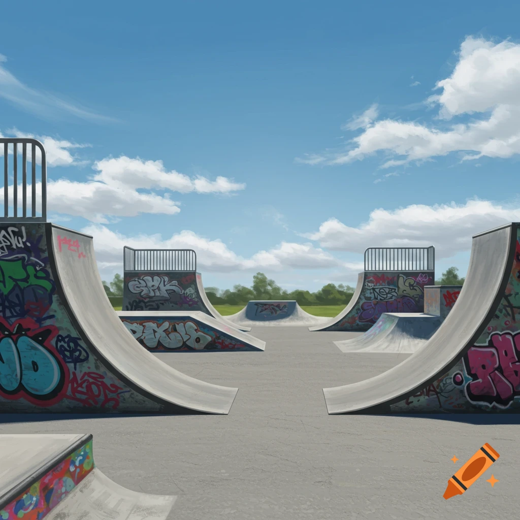 An empty outdoor skatepark featuring multiple concrete halfpipes, ramps, and obstacles covered in colorful graffiti under a clear blue sky with white clouds.