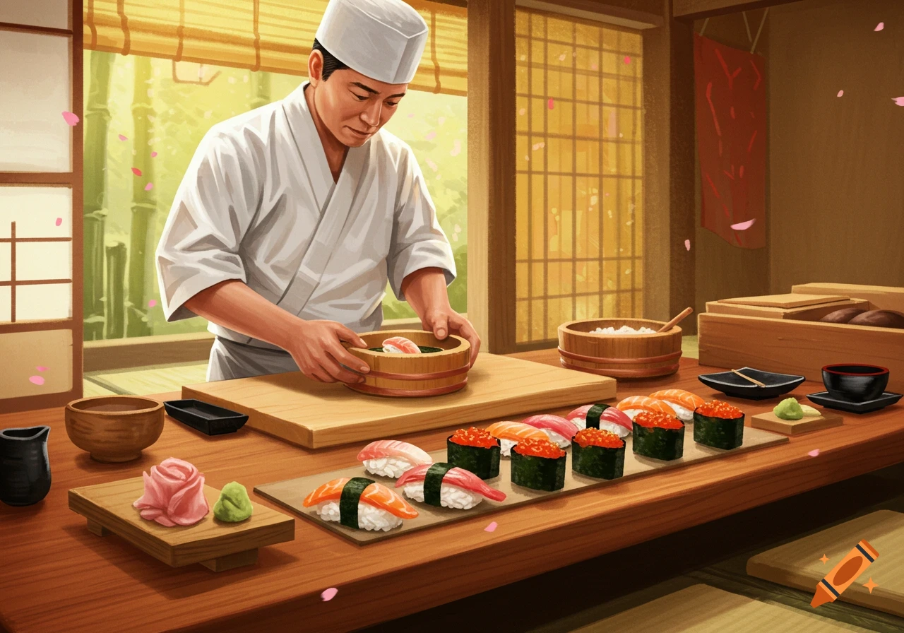 An illustrative image of a Japanese chef preparing sushi in a traditional restaurant setting.