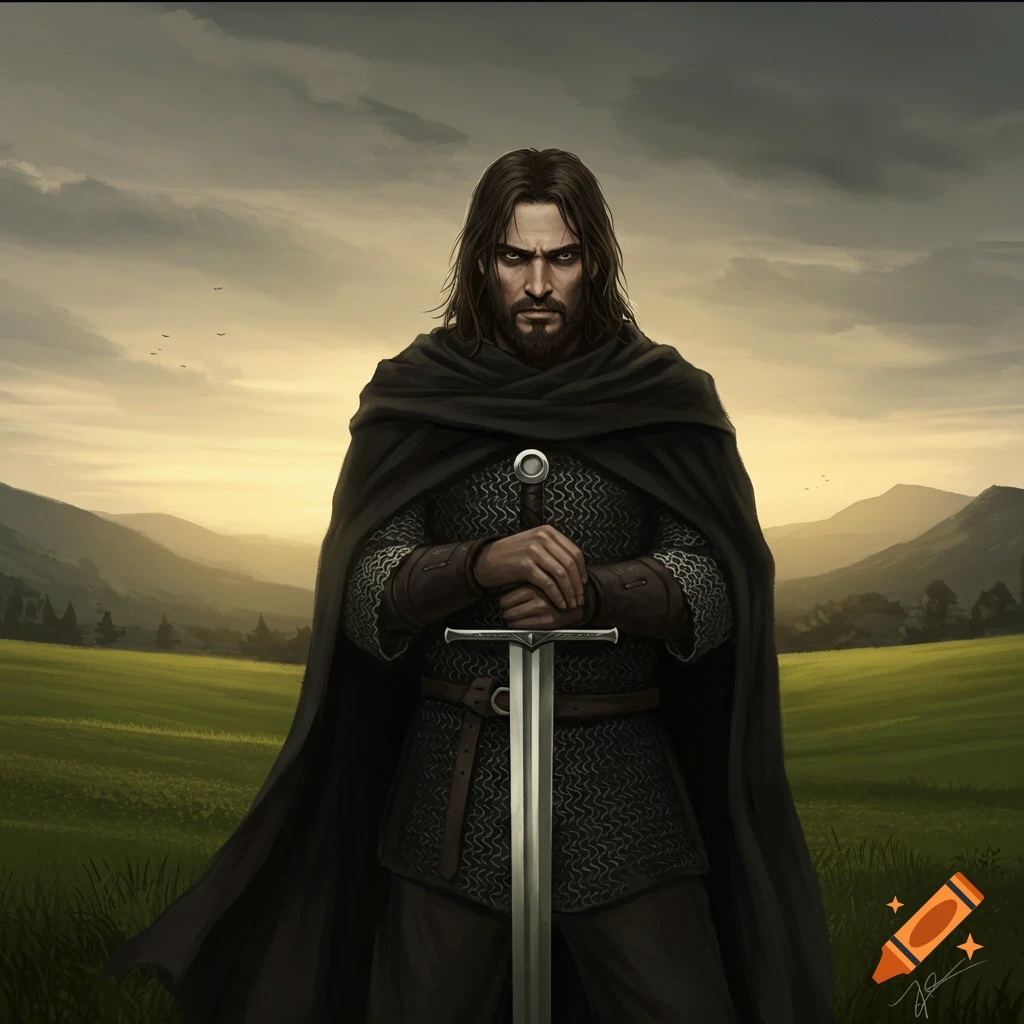 A long-haired, bearded warrior in a dark cloak and chainmail grips a sword, standing in a green, hilly landscape under a cloudy sky.