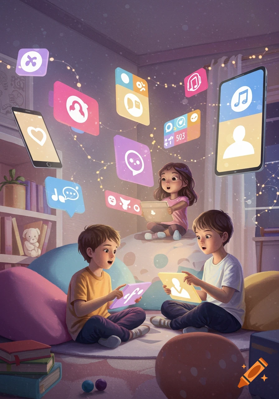 Illustration of three children interacting with tablets and surrounded by glowing social media app icons and string lights.