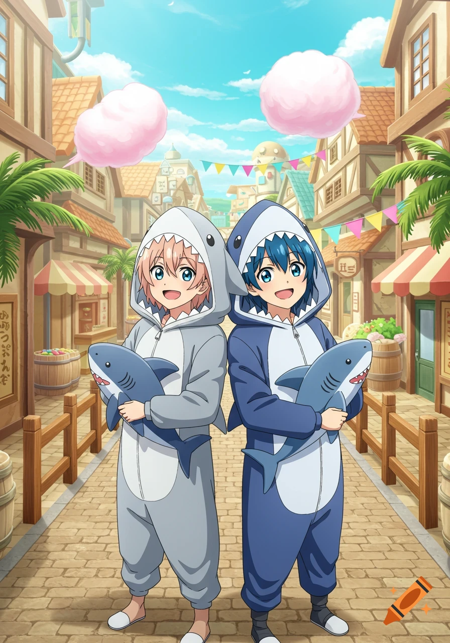 Two smiling anime characters in shark onesies stand on a cobblestone street, each holding a small shark plushie, in a colorful village setting.