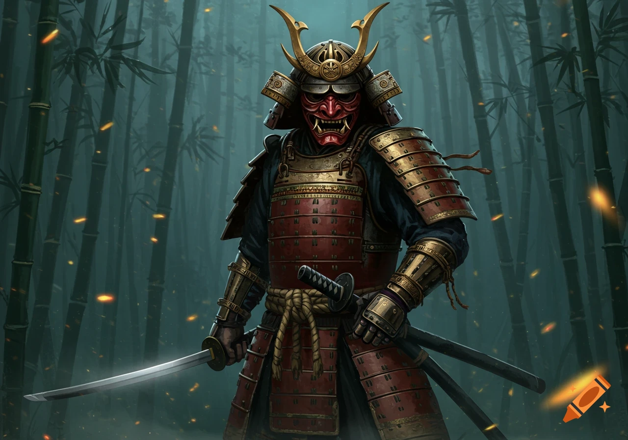 A fearsome samurai in intricate red and gold armor and a demonic Hannya mask stands with a katana in a misty bamboo forest.