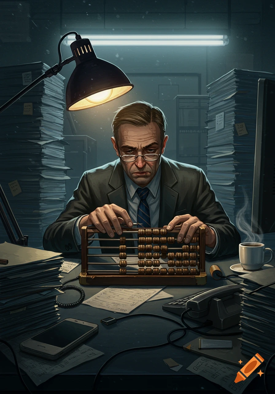 An illustration of a tired man in an office, illuminated by a desk lamp, intently using an abacus surrounded by piles of paper.