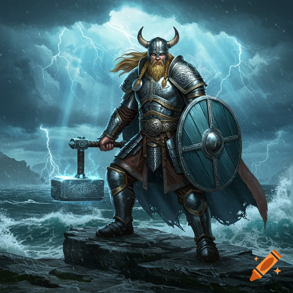 A powerful Viking warrior in ornate armor stands on rocks by a stormy sea, holding a glowing hammer and shield under lightning.