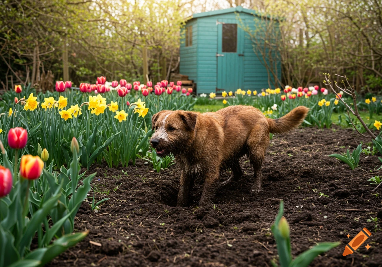 A muddy brown dog stands in a spring garden filled with red tulips and yellow daffodils, with a turquoise shed in the background.