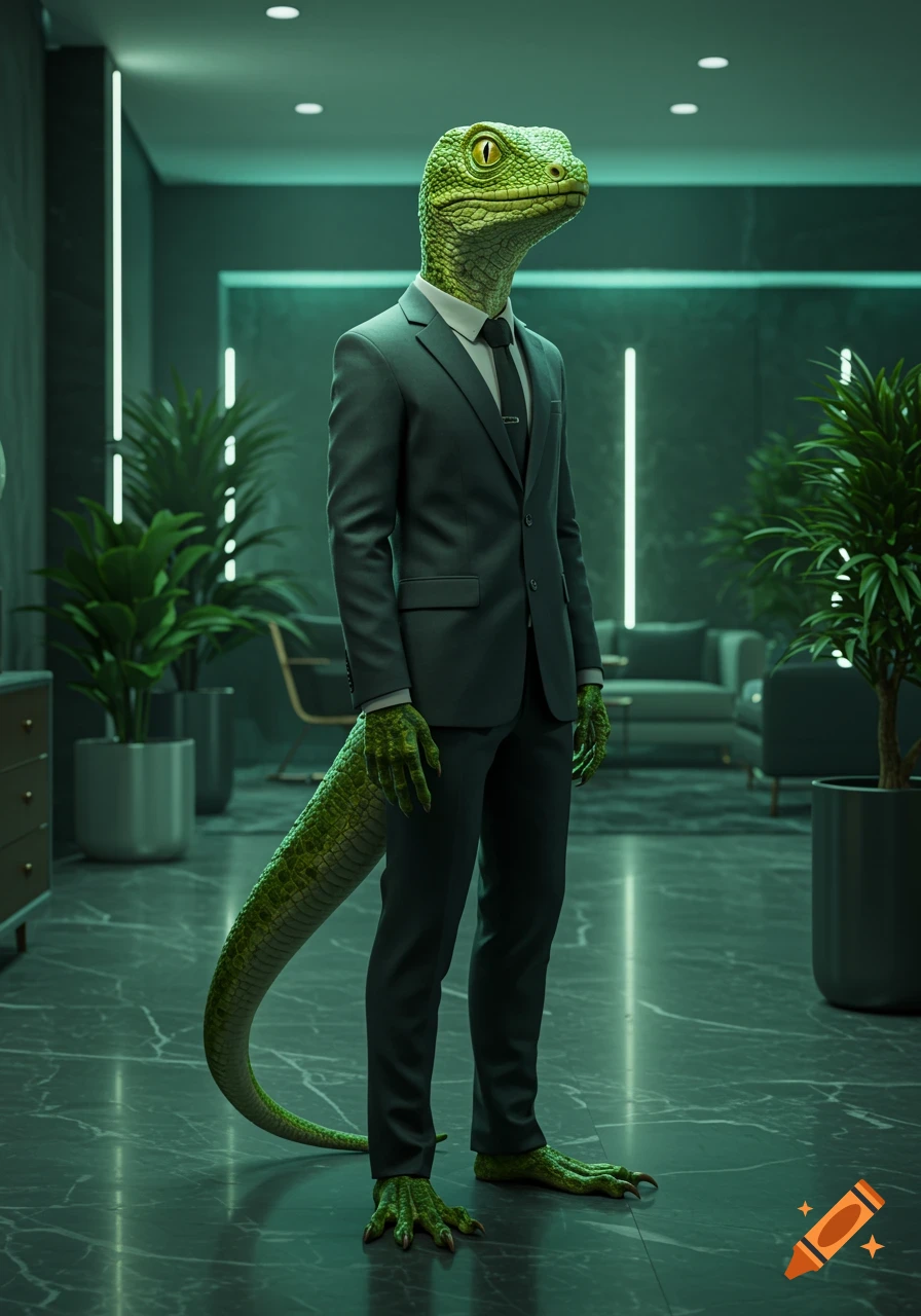 A photorealistic lizard-human in a dark suit stands in a modern office lobby.