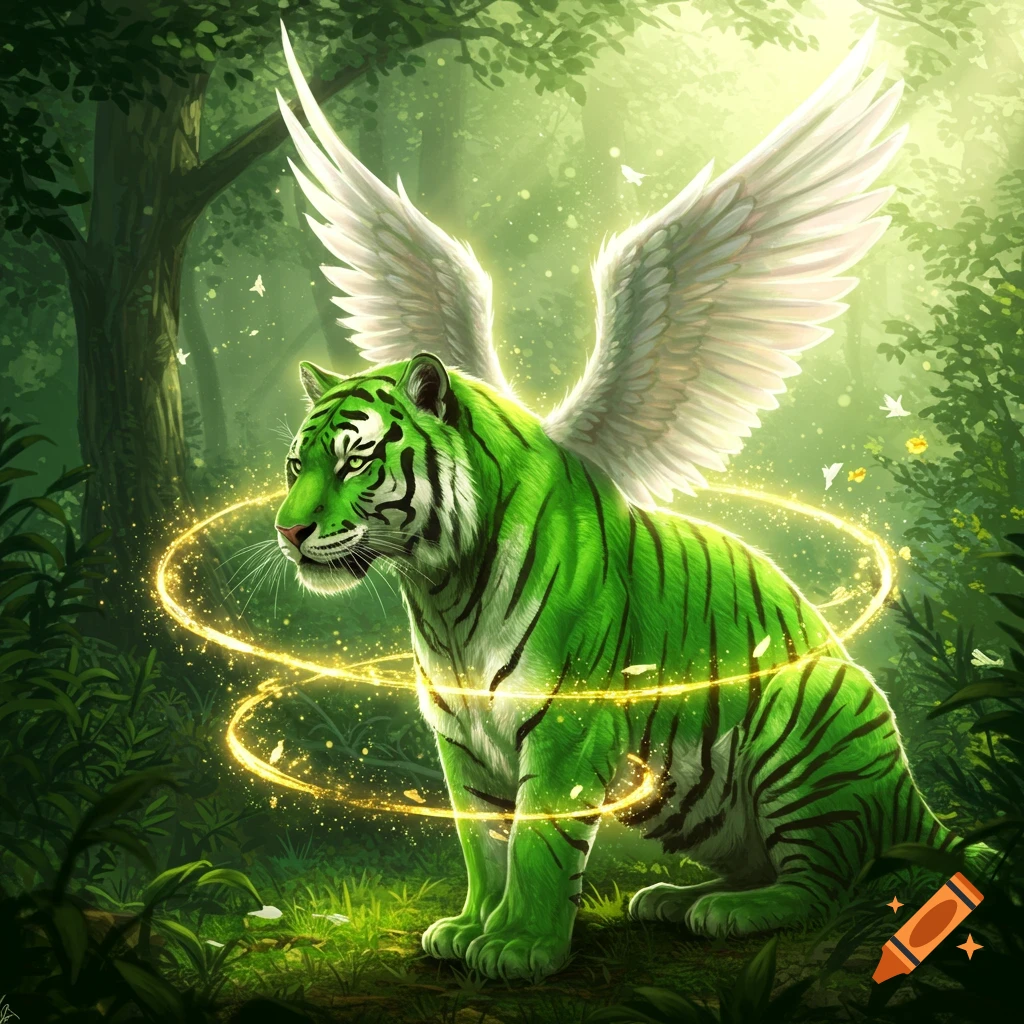 A vibrant green tiger with white angel wings sits in a mystical forest, surrounded by swirling golden light.