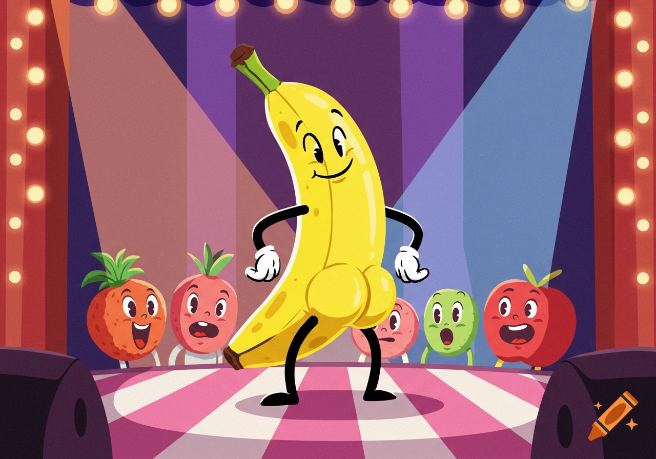 A smiling cartoon banana with prominent butt cheeks dances on a striped stage under spotlights, watched by cheering cartoon fruits.