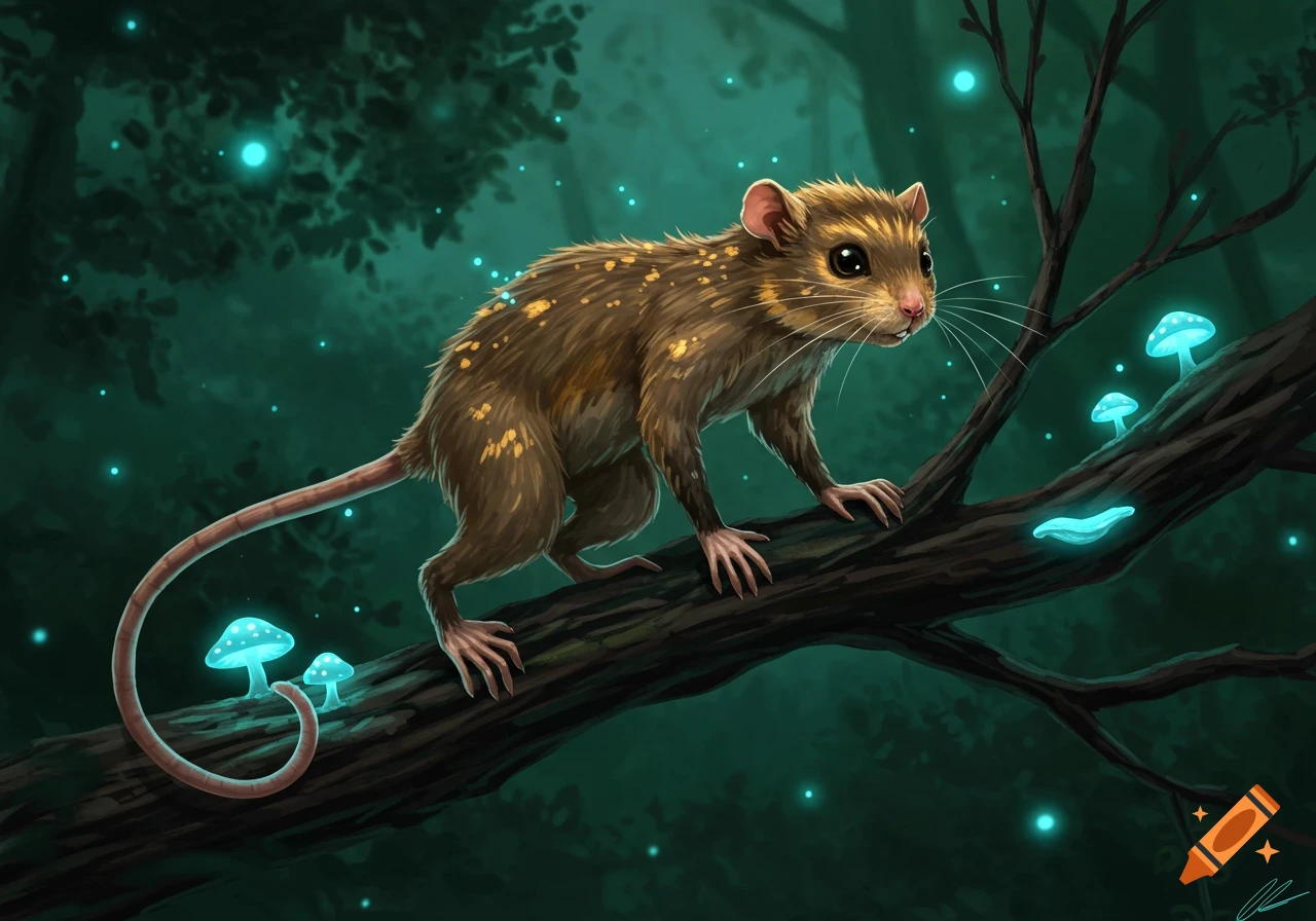 A brown, rat-like creature with glowing spots perches on a tree branch in a dark fantasy forest with bioluminescent mushrooms.