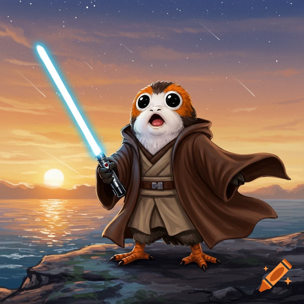 A cute porg dressed as a Jedi, holding a blue lightsaber, stands on a cliff overlooking the ocean at sunset.
