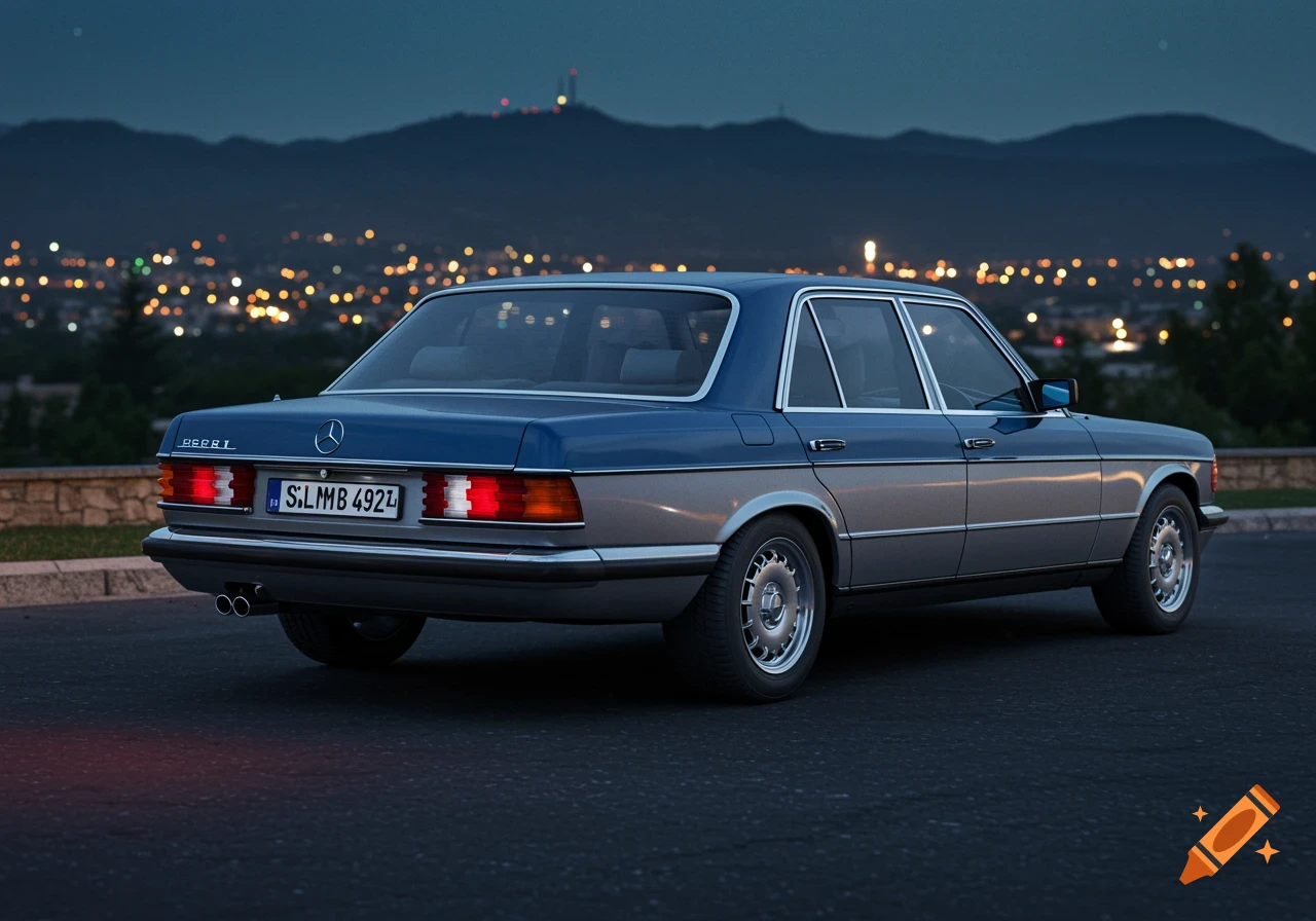 A classic two-tone blue and silver Mercedes-Benz sedan parked at night, with a city's lights twinkling in the background.