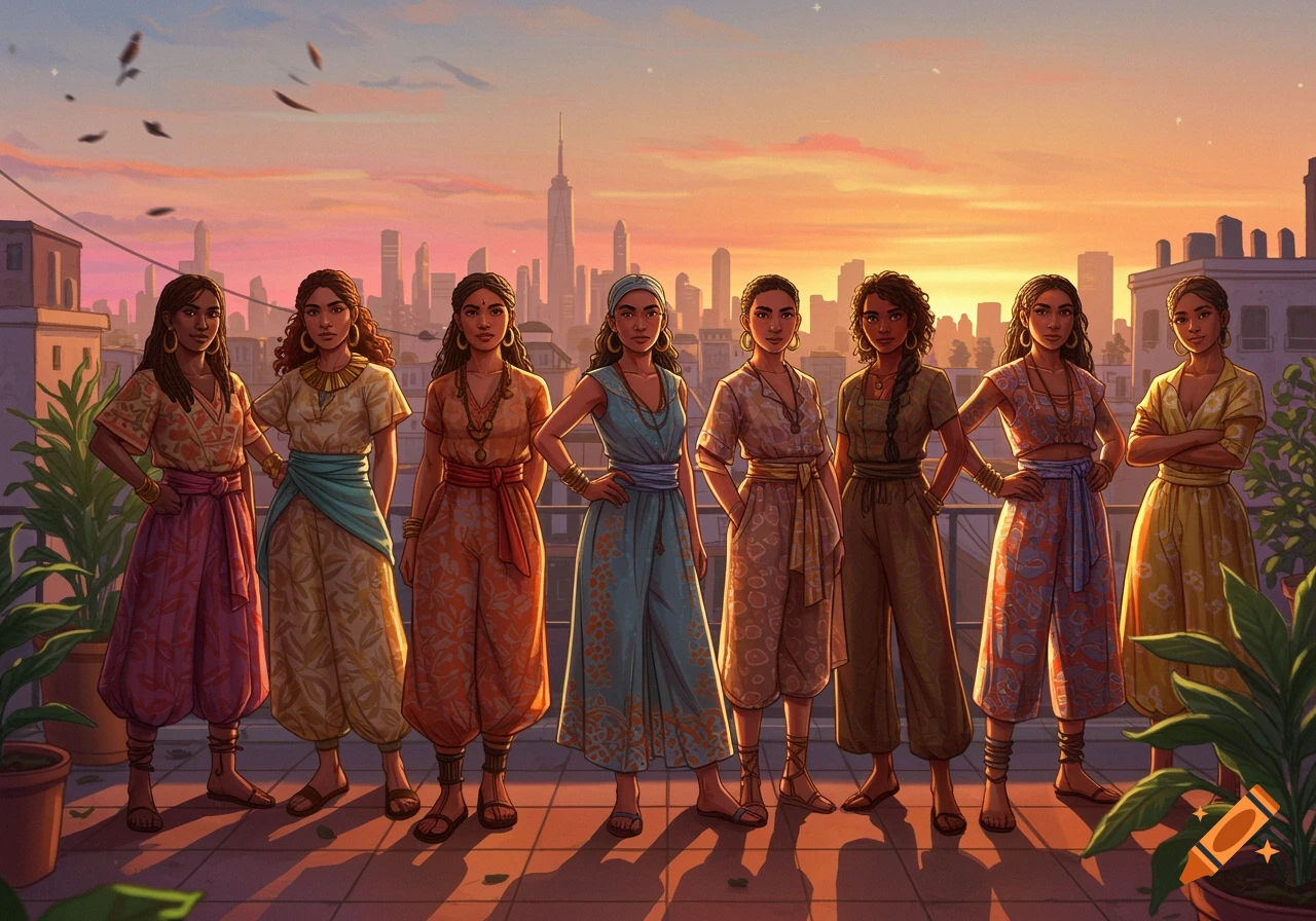 Eight women in colorful traditional attire stand on a rooftop overlooking a cityscape at sunset, in an illustrative style.