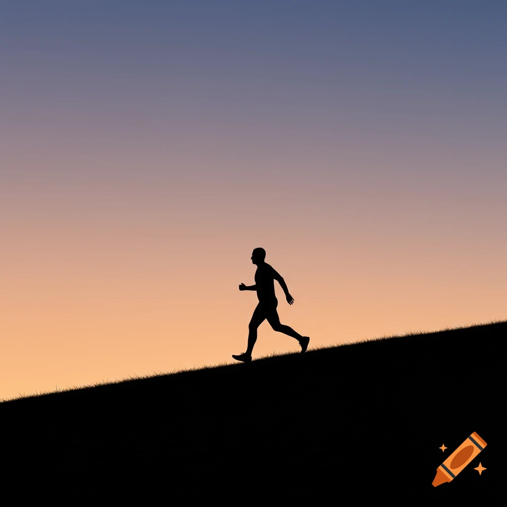 A silhouette of a man running up a hill against a gradient sunset sky.