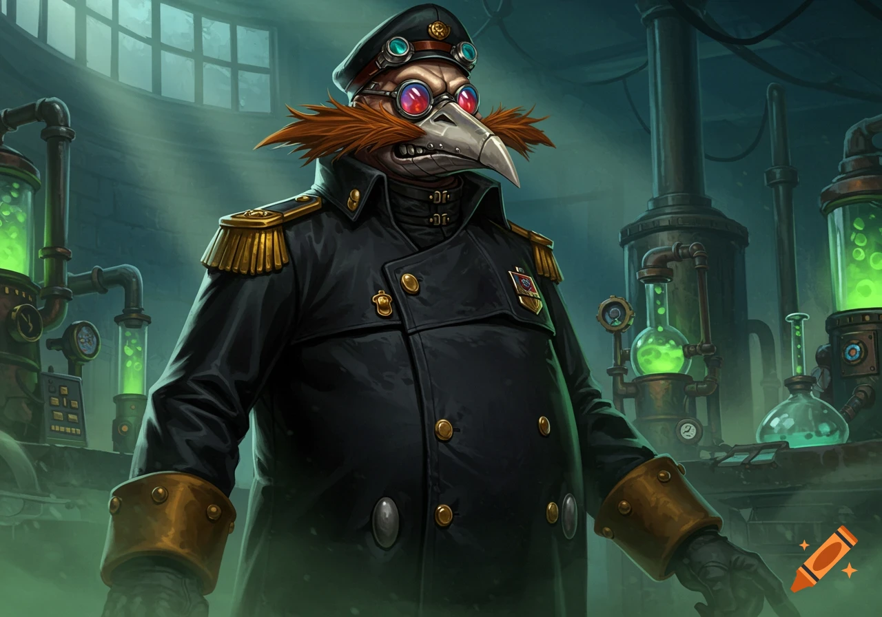 A stylized character resembling Dr. Eggman as a militaristic plague doctor in a steampunk laboratory with glowing green beakers.