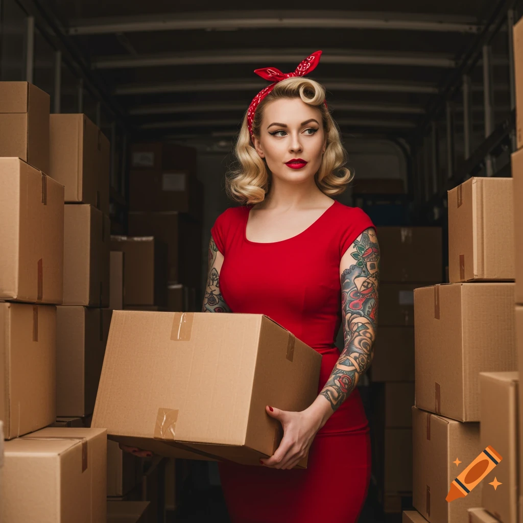 A confident blonde woman with a vintage 1950s pinup style and tattoo sleeves lifts a cardboard box inside a truck filled with packages.