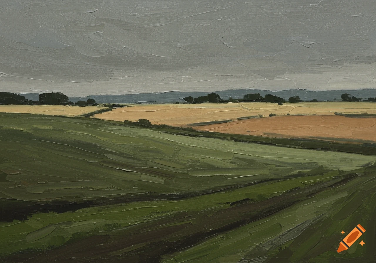 A painterly depiction of desaturated green and yellow country fields under a gray sky, with distant hills.