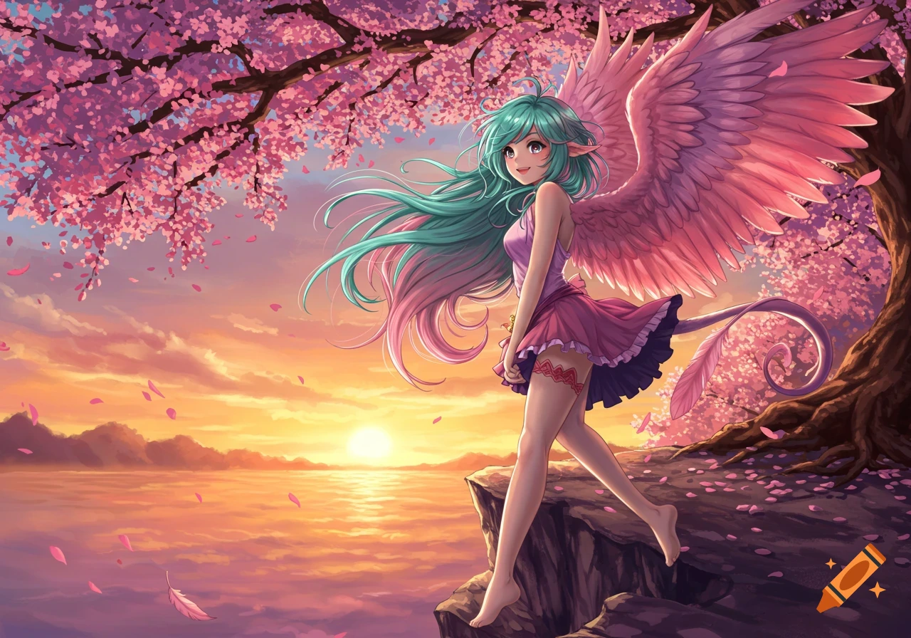 Anime harpy girl with teal and pink hair, pink wings, and a purple dress stands on a cliff under cherry blossoms at sunset over a lake.