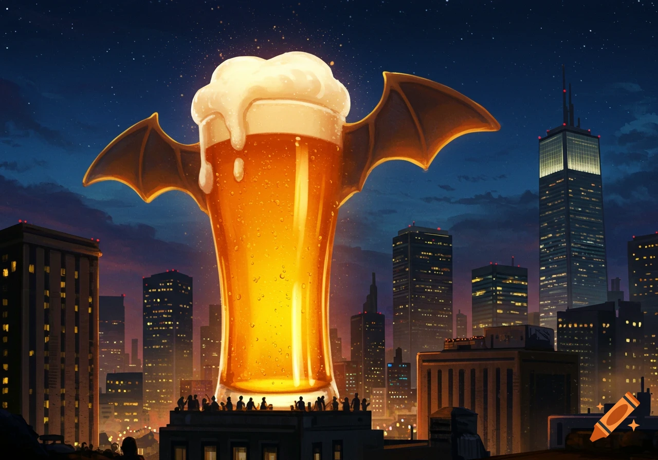 A giant, glowing glass of beer with bat wings shines like a bat signal over a nighttime city skyline, with people watching from rooftops.