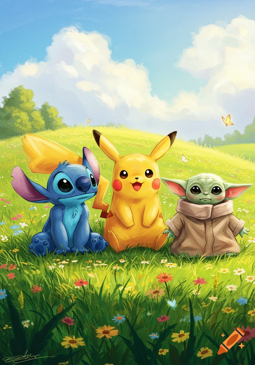 Stitch, Pikachu, and Baby Yoda sit together in a colorful grassy field under a blue sky with clouds.