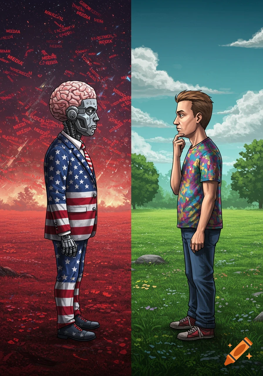 A robot in an American flag suit with an exposed brain stands on a red landscape with distorted text, facing a thoughtful man in a colorful shirt on a green field.