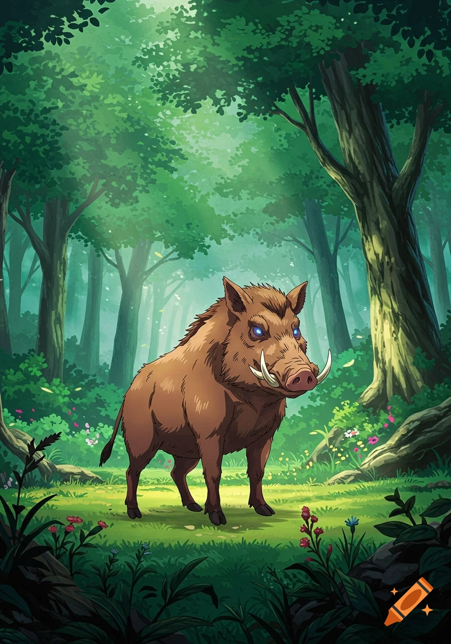 An anime-style brown boar with glowing blue eyes stands in a lush green forest with dappled sunlight.