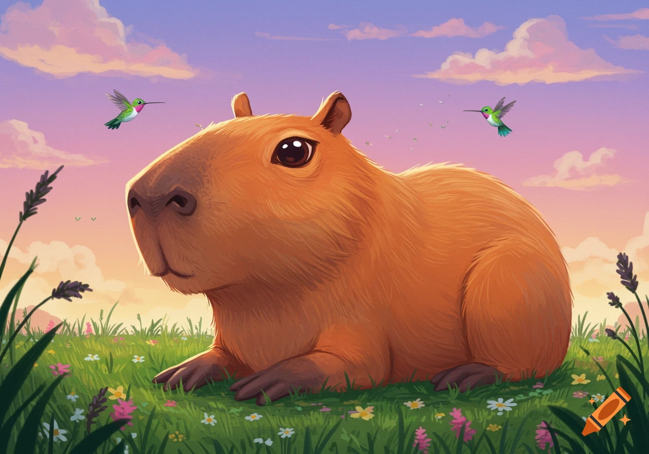 A giant cartoon capybara lies in a grassy field with colorful flowers and two hummingbirds under a vibrant sunset sky.