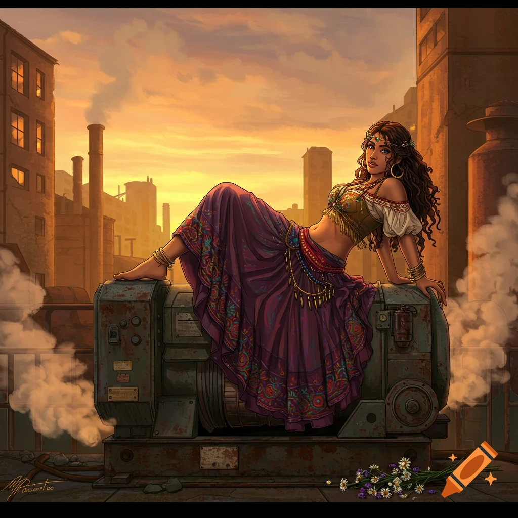 A woman in bohemian attire reclines on a generator on an industrial rooftop at sunset, in a detailed digital painting.