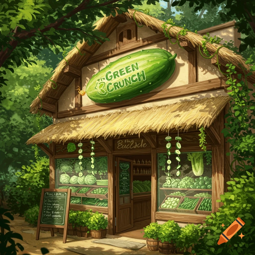An illustrated cottage-style green grocer's shop with a thatched roof, surrounded by lush green foliage. A large sign shaped like a cucumber reads 'The Green Crunch'.