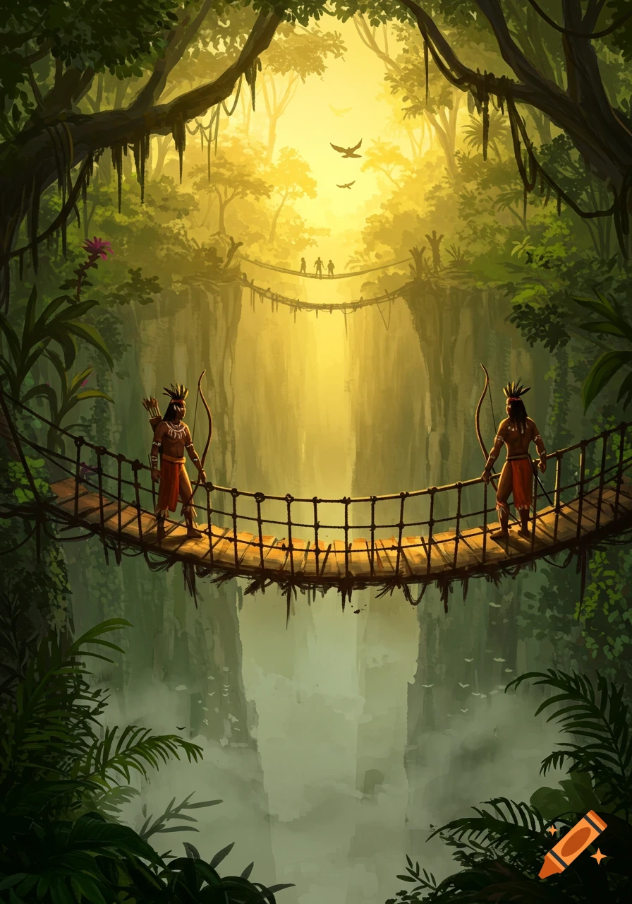 Two tribal figures with bows stand on a rope bridge over a deep ravine in a lush, sunlit jungle.