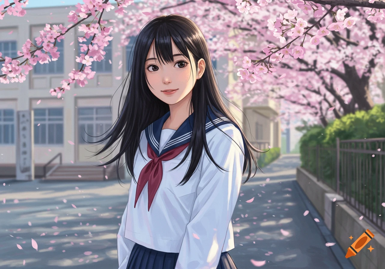 Anime-style Japanese girl in a school uniform standing outside under pink cherry blossoms near a school building.