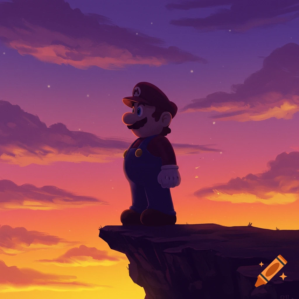 Super Mario stands on a cliff edge, silhouetted against a vibrant purple and orange sunset sky with clouds.