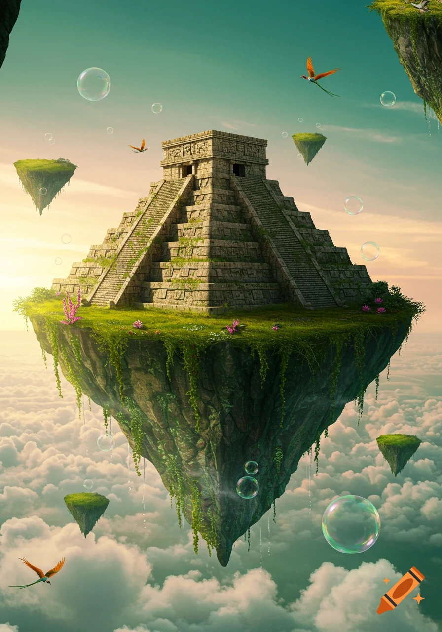 A detailed Aztec pyramid sits atop a lush floating island, surrounded by clouds, smaller islands, birds, and bubbles in a vibrant fantasy sky.