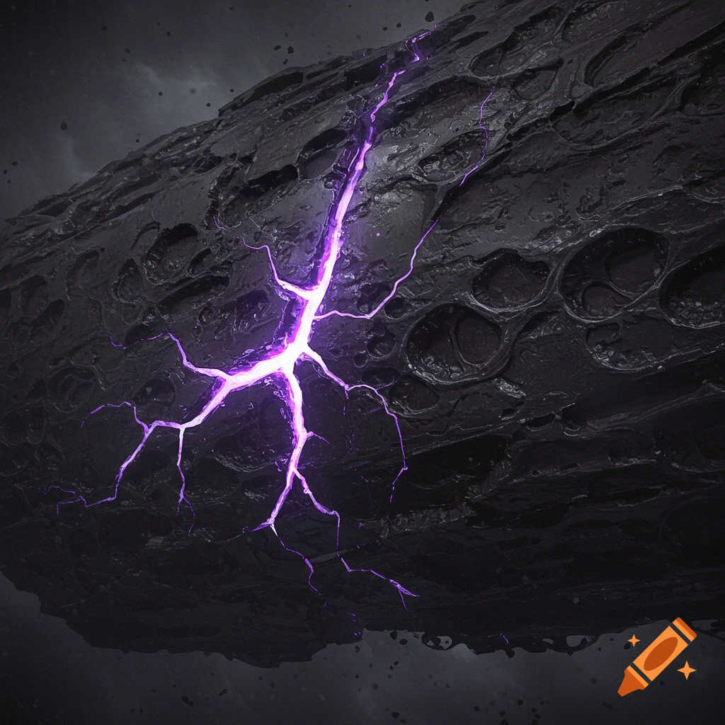 A massive dark, pitted, organic metal object with a glowing purple crack across its surface.