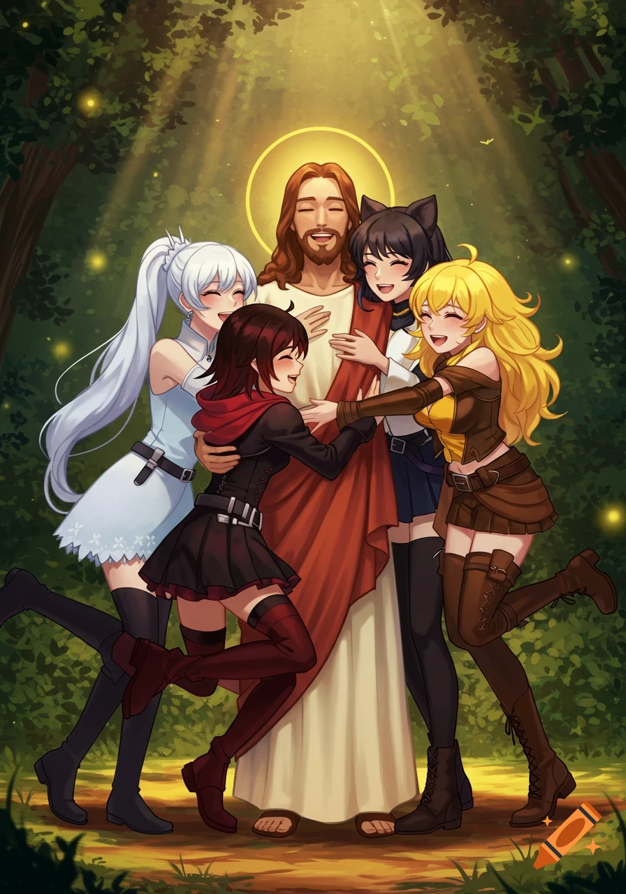 Jesus Christ with a halo embraces four smiling anime-style characters in a group hug amidst a sun-dappled forest.