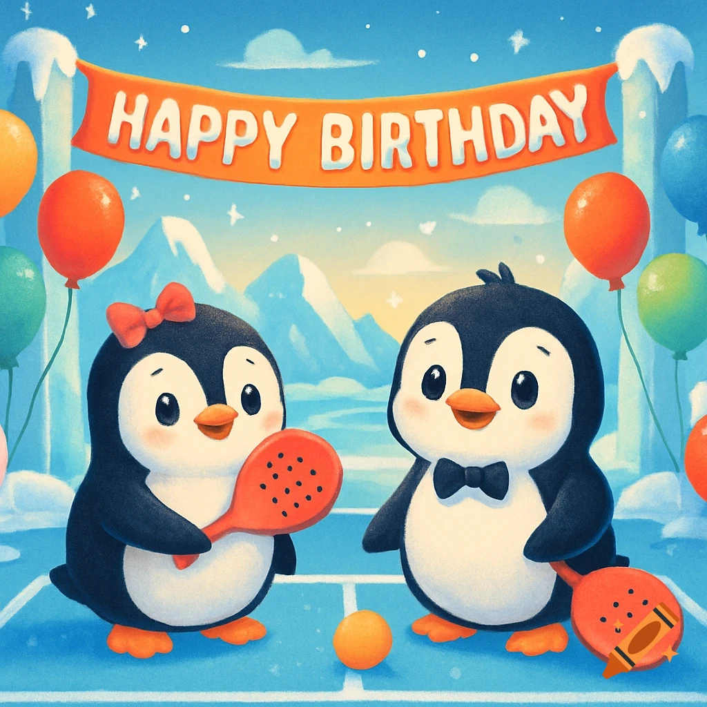 Cute cartoon penguins celebrating a birthday on an ice court with balloons and a "HAPPY BIRTHDAY" banner.