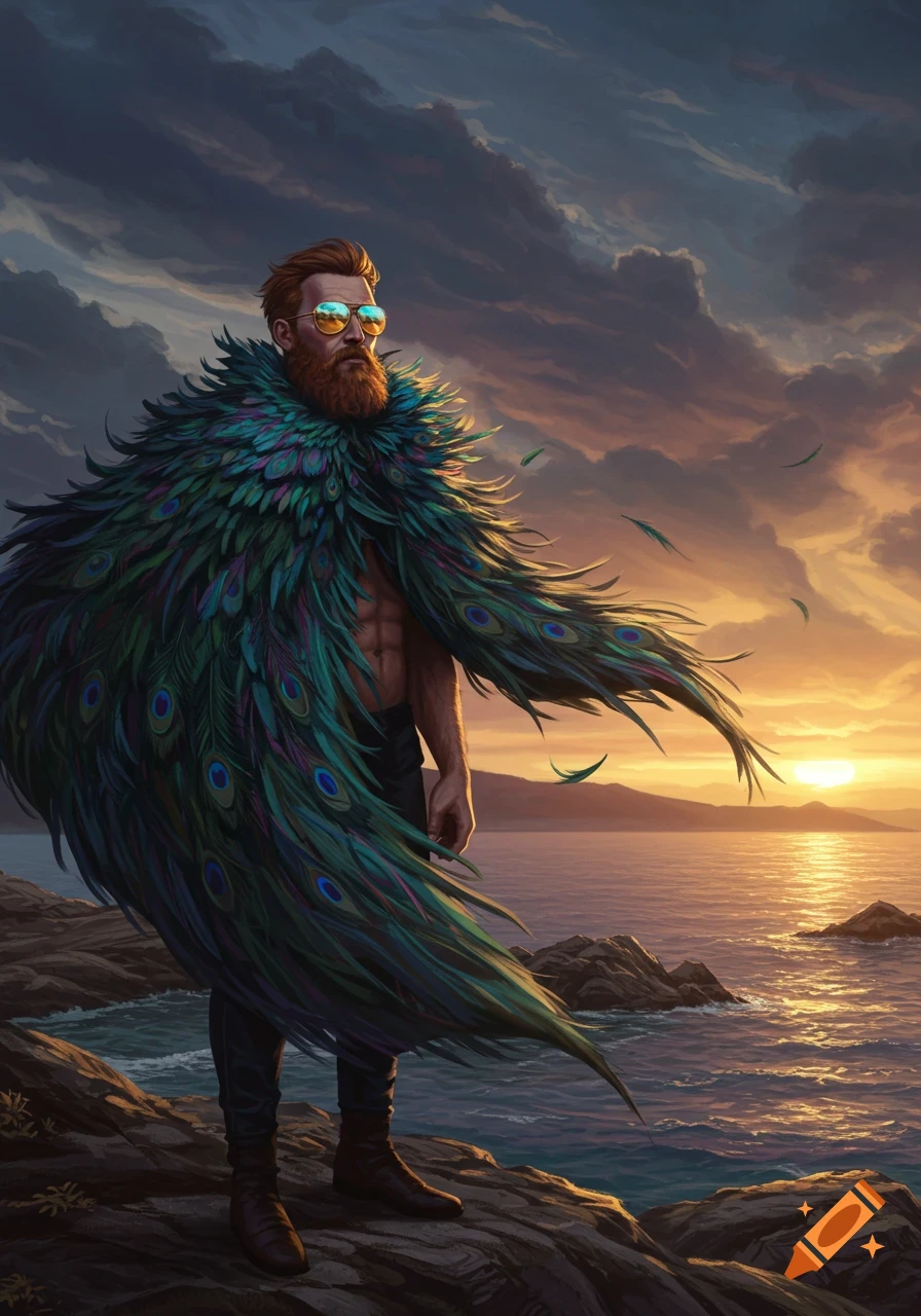A man with an auburn beard and reflective sunglasses stands on rocks by the ocean at sunset, wearing a vibrant peacock feather cape.