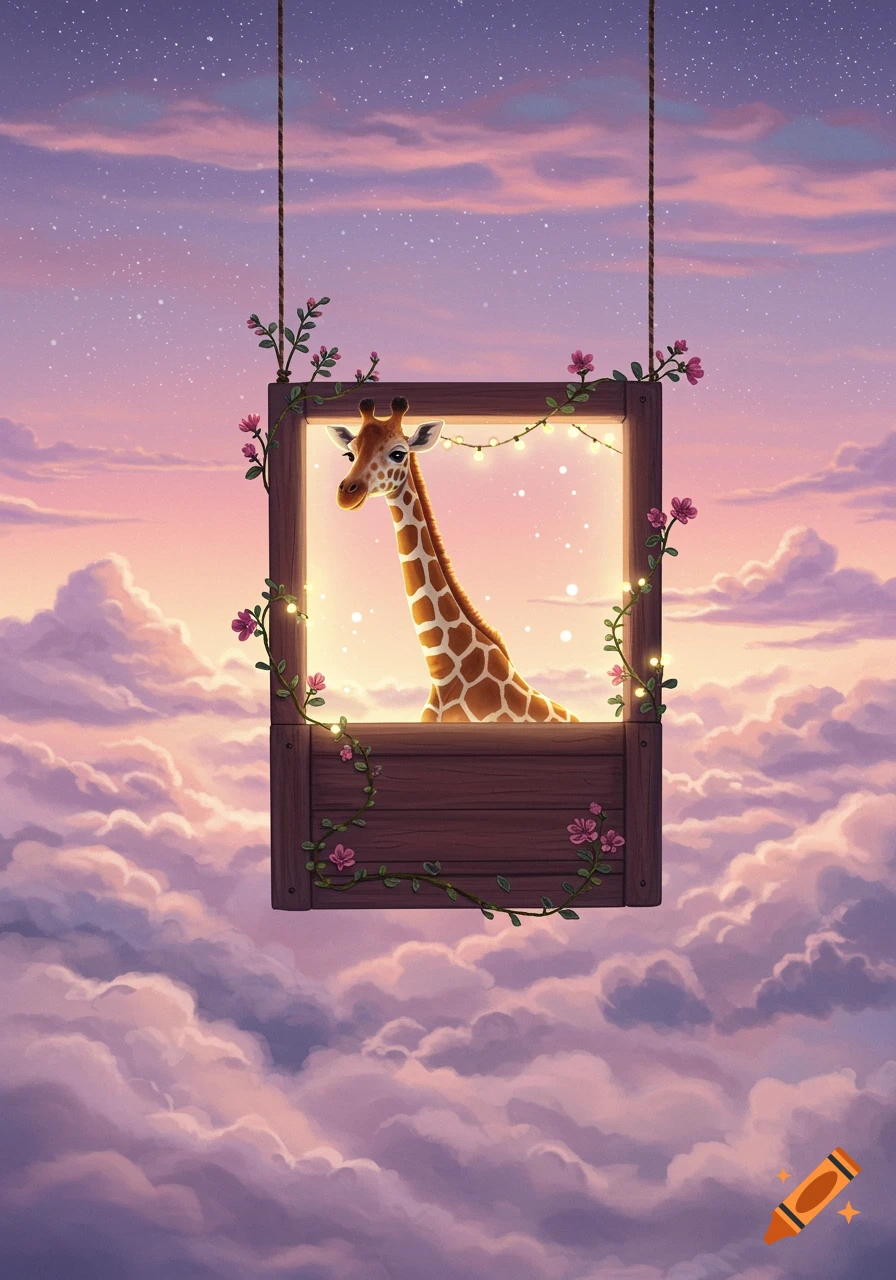 Whimsical giraffe in a decorated window box suspended in a starry, pastel sky with clouds.