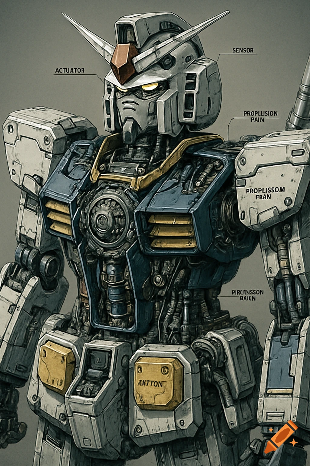 Detailed technical diagram of a grey and blue robot, resembling a Gundam, with various internal components visible.