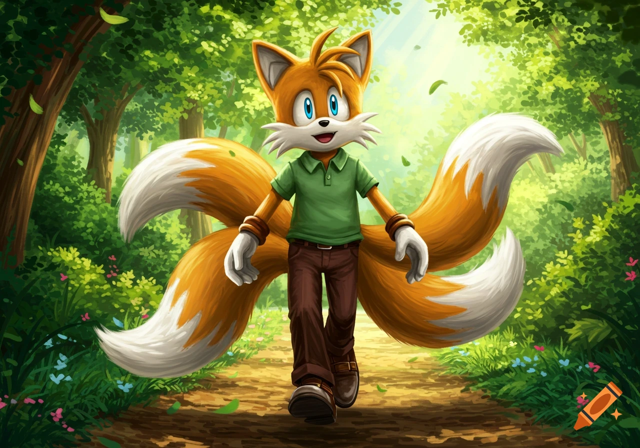 Tails from Sonic the Hedgehog in a green polo shirt and brown pants walks on a forest path with many fluffy tails.