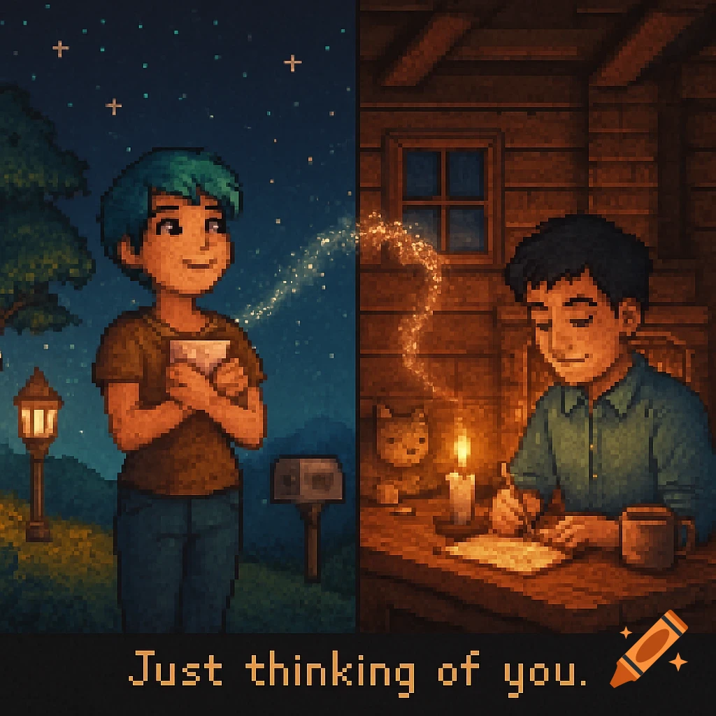 Pixel art of a woman under a starry sky and a man in a cozy cabin, connected by a magical thread, with 'Just thinking of you' text.