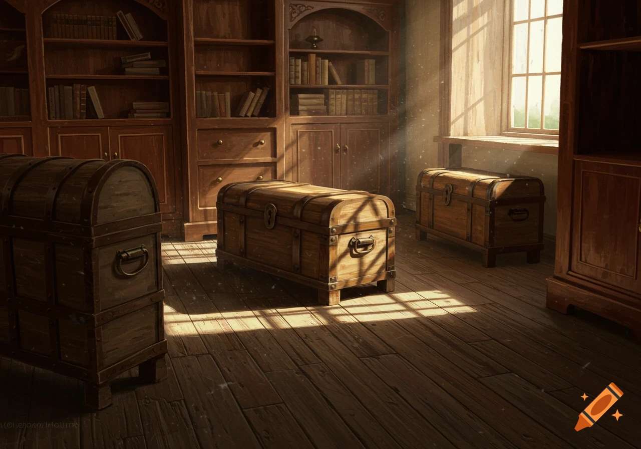 Sunlit wooden room with three antique chests on the floor and bookshelves filled with books.