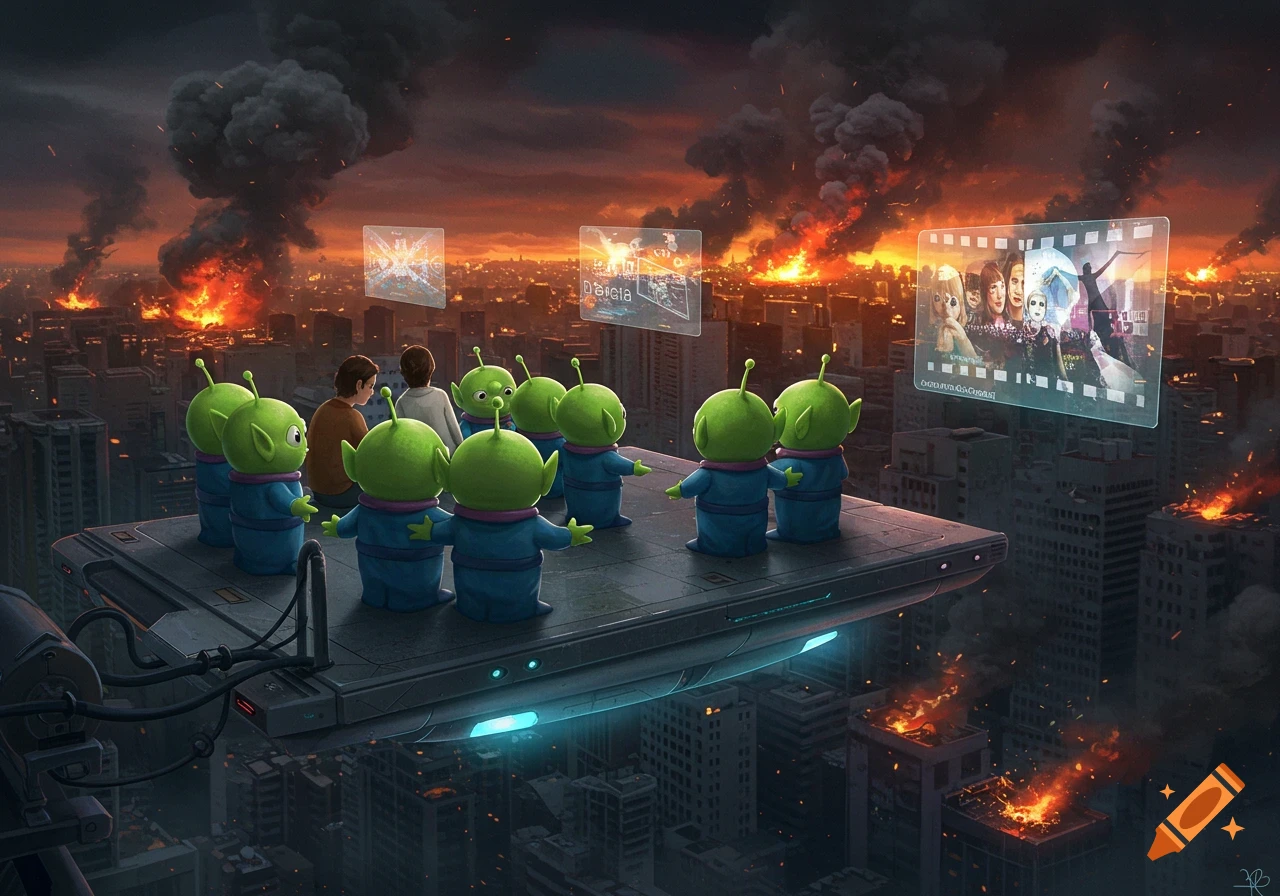 Green aliens and two people watch holographic screens above a burning, apocalyptic city from a flying platform at sunset. Digital art.