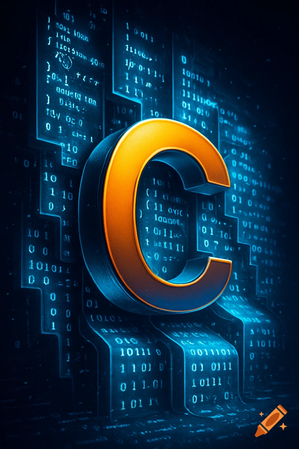 A stylized, glowing orange letter 'C' in 3D against a dark background with flowing blue digital code blocks.