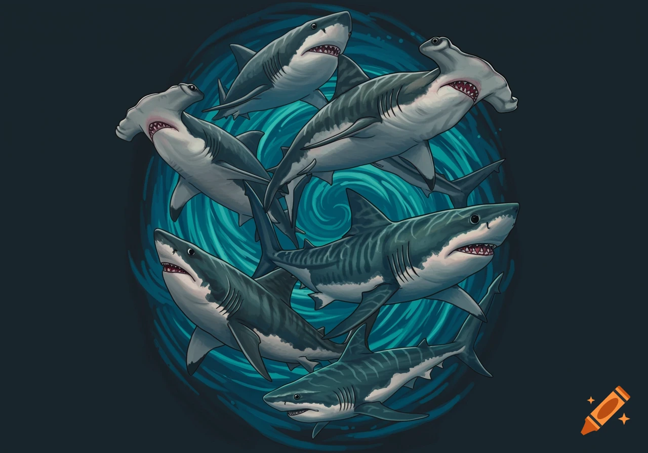 An illustration of various sharks, including great whites and hammerheads, swimming in a swirling blue vortex, in a tattoo style.