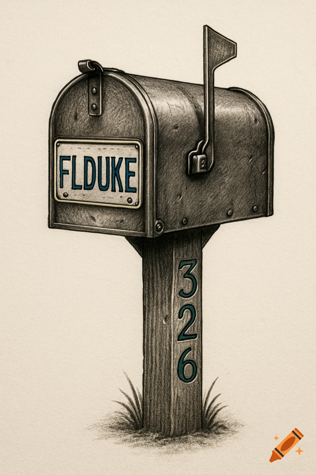 A charcoal sketch of a mailbox with "FLDUKE" on a blue license plate and "326" in green numbers on its post.