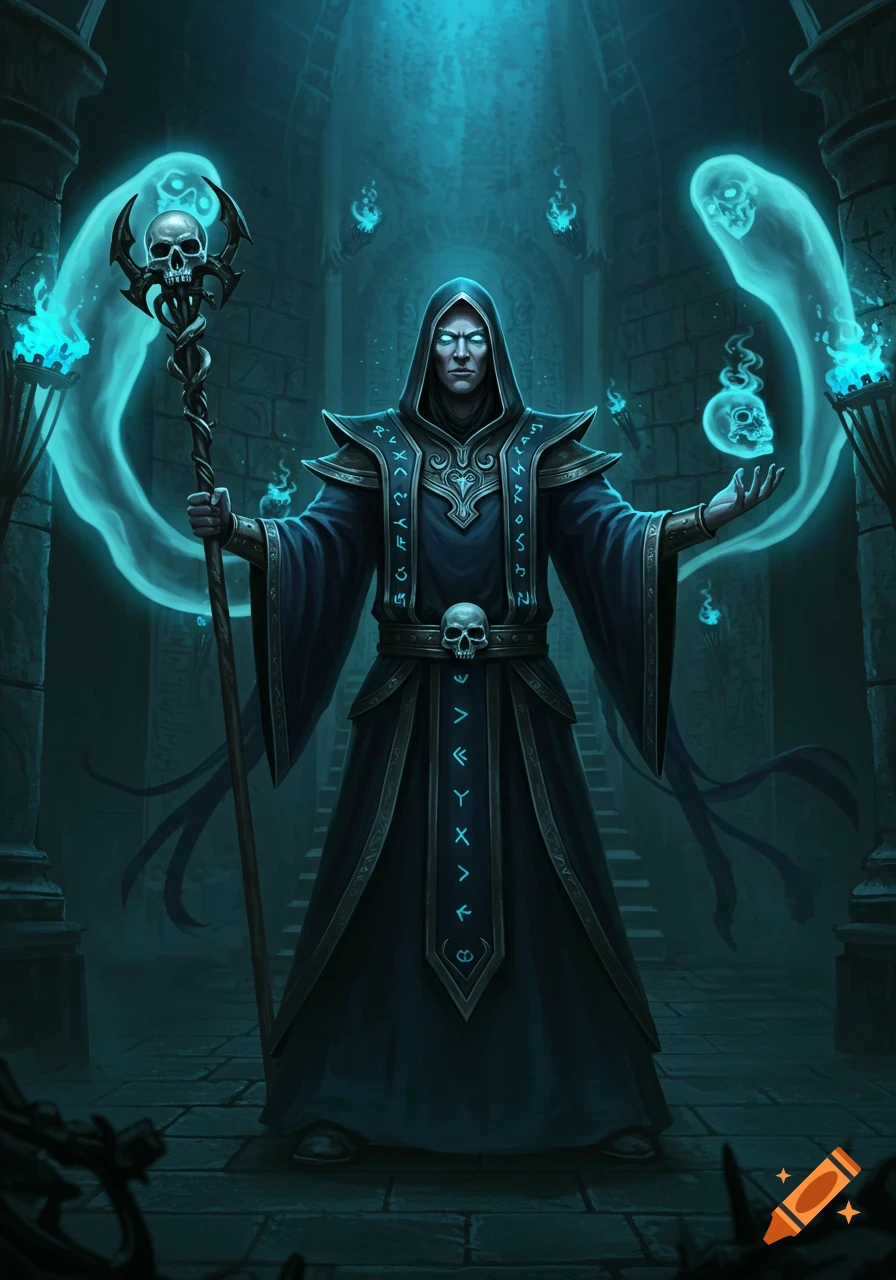 A hooded necromancer in a dark robe with runes stands in a stone chamber, surrounded by glowing blue spirits and holding a skull staff.