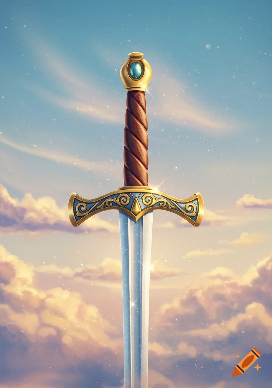 A stylized sword with a brown handle, ornate gold crossguard, and shiny blade stands upright against a cloudy sky.