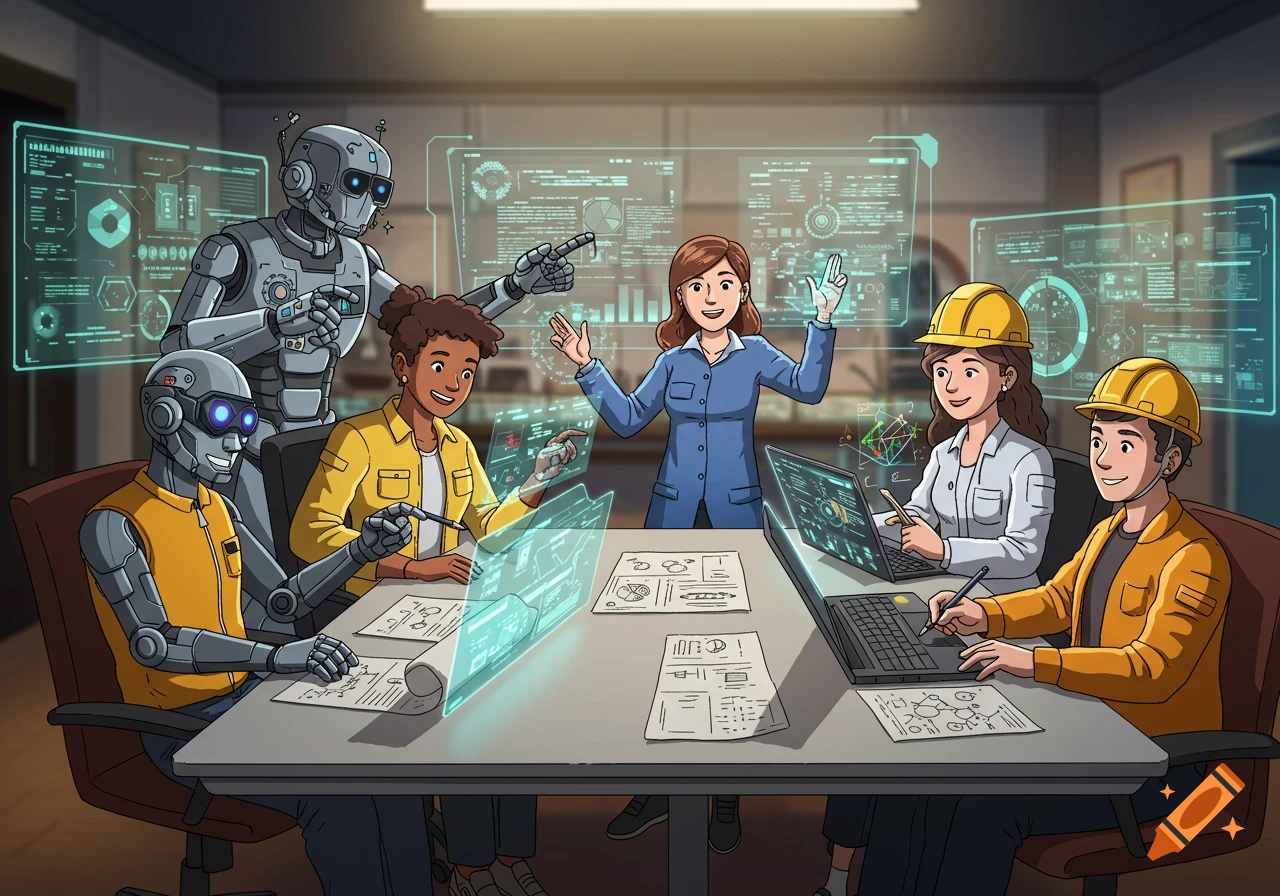 A cartoon image of a diverse team of human engineers and robots working together in a meeting room with holographic displays and laptops.