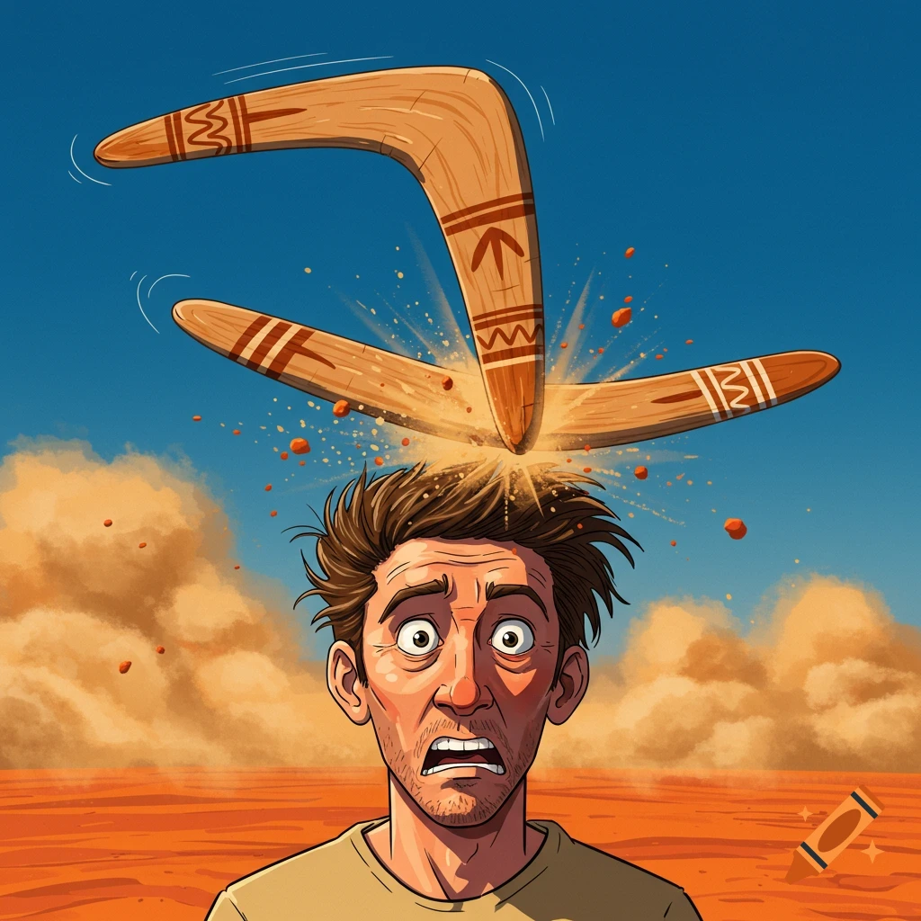 A cartoon man looks surprised as a boomerang hits him on the head in a desert landscape.